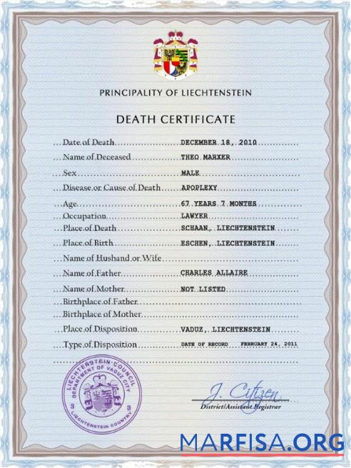 Realistic Liechtenstein vital record death certificate PSD template